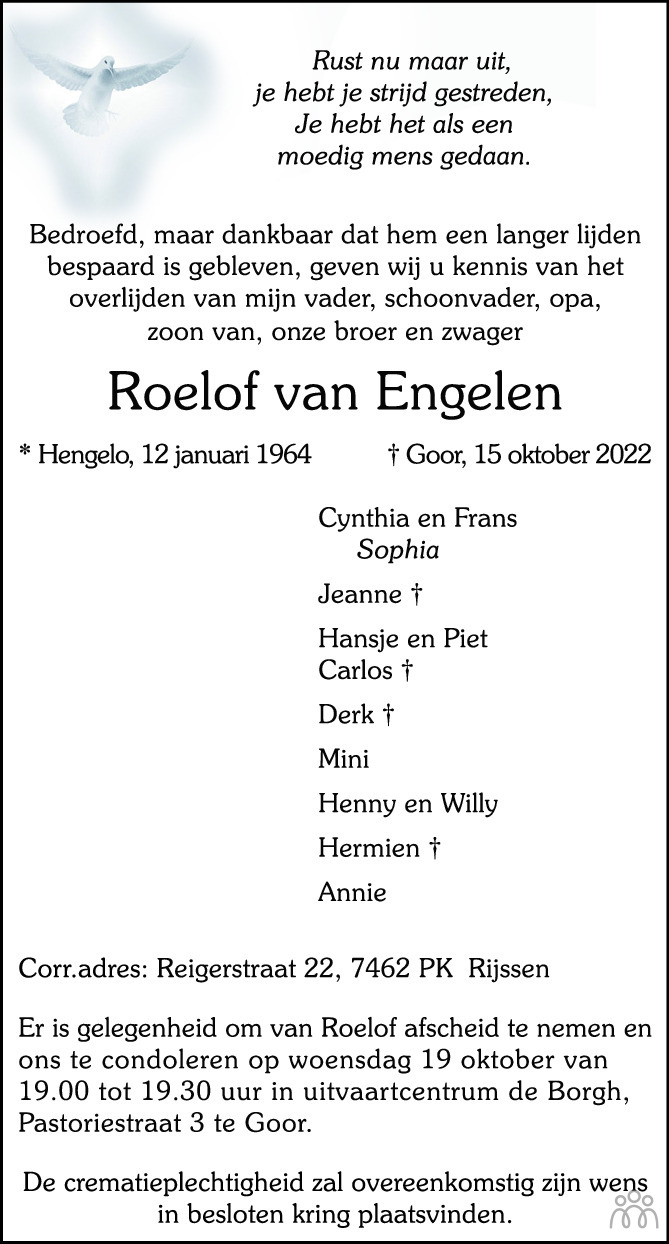 Roelof van Engelen 15102022 overlijdensbericht en condoleances