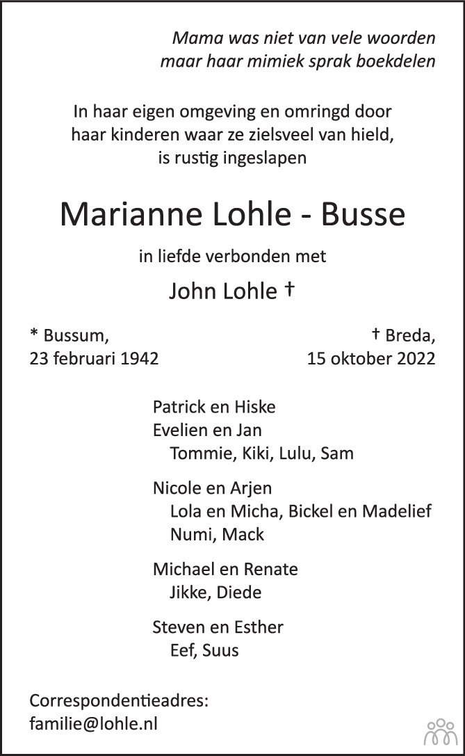 Overlijdensbericht van Marianne Lohle-Busse in BN DeStem