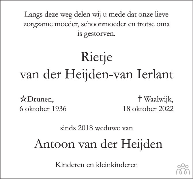 Rietje Van Der Heijden Van Ierlant 18 10 2022 Overlijdensbericht En