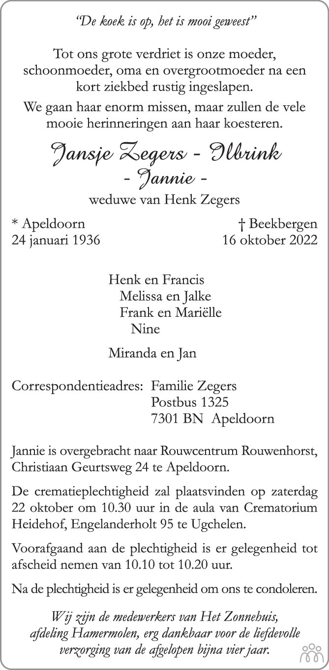 Overlijdensbericht van Jansje (Jannie) Zegers-Ilbrink in de Stentor