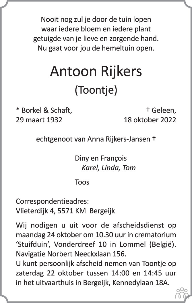 Antoon (toontje) Rijkers 18-10-2022 Overlijdensbericht En Condoleances 