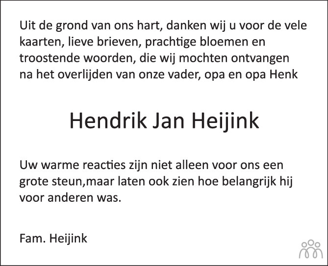 Overlijdensbericht van Hendrik Jan (Henk) Heijink in de Stentor