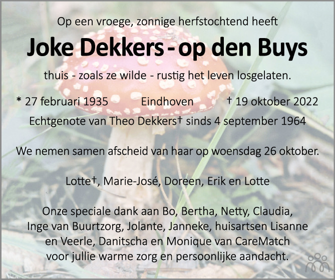 Joke Dekkers op Den Buys 19 10 2022 Overlijdensbericht En Condoleances 