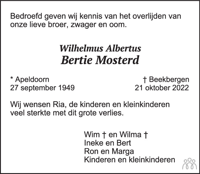 Overlijdensbericht van Wilhelmus Albertus (Bertie) Mosterd in de Stentor