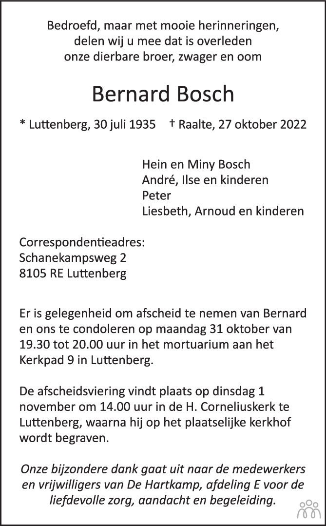 Bernard Bosch 27 10 2022 overlijdensbericht en condoleances