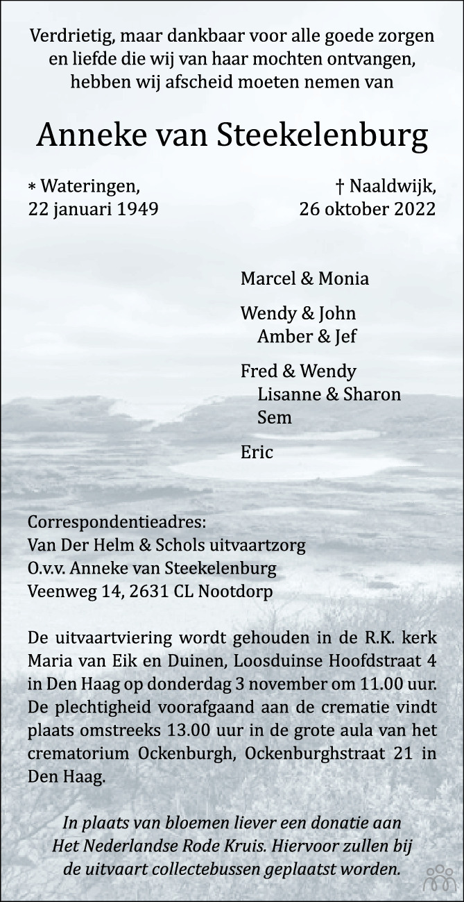 Anneke van Steekelenburg 26102022 overlijdensbericht en condoleances