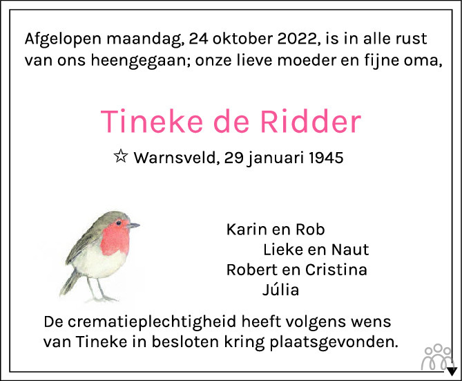 Tineke de Ridder 24102022 overlijdensbericht en condoleances