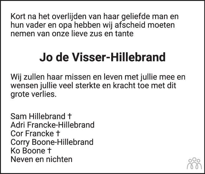 Overlijdensbericht van Johanna Margaretha (Jo) de Visser-Hillebrand in PZC Provinciale Zeeuwse Courant