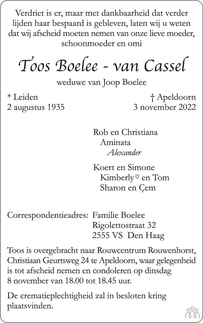 Overlijdensbericht van Toos Boelee-van Cassel in de Stentor