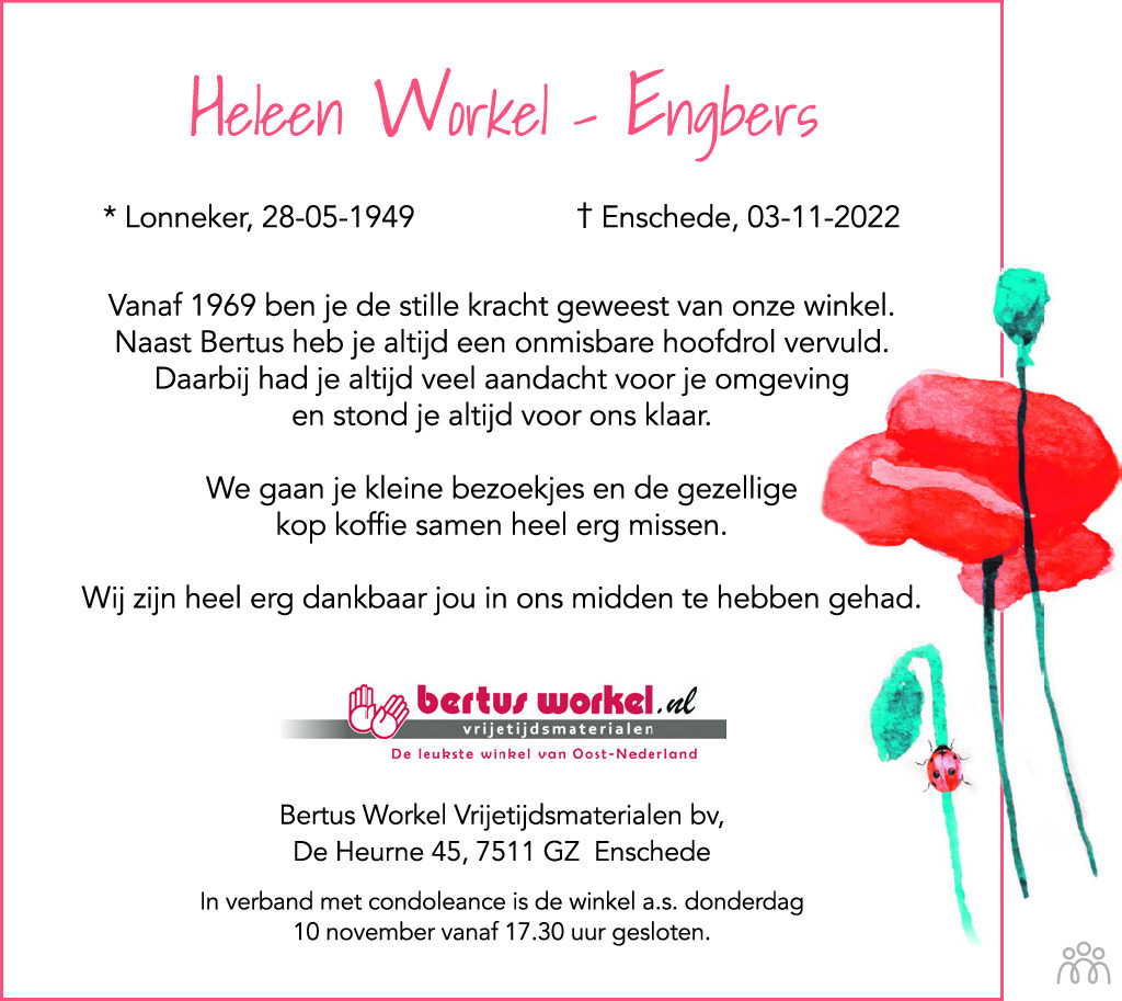 Heleen Workel-Engbers 03-11-2022 overlijdensbericht en condoleances ...