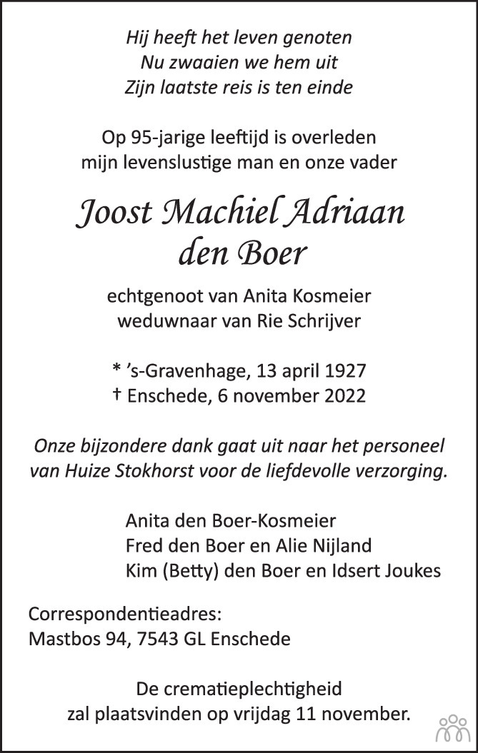 Joost Machiel Adriaan den Boer 06112022 overlijdensbericht en
