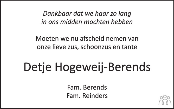 Overlijdensbericht van Derkje Hendrika (Detje) Hogeweij-Berends in de Stentor