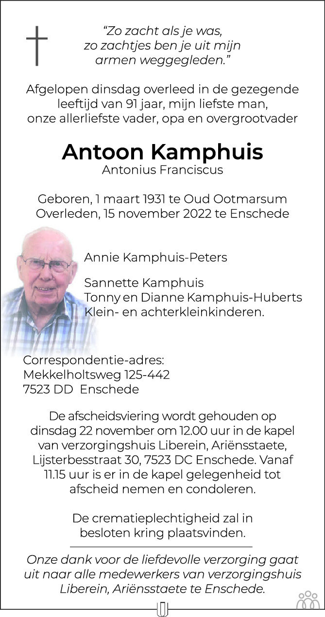 Overlijdensbericht van Antoon (Antonius Franciscus) Kamphuis in Tubantia
