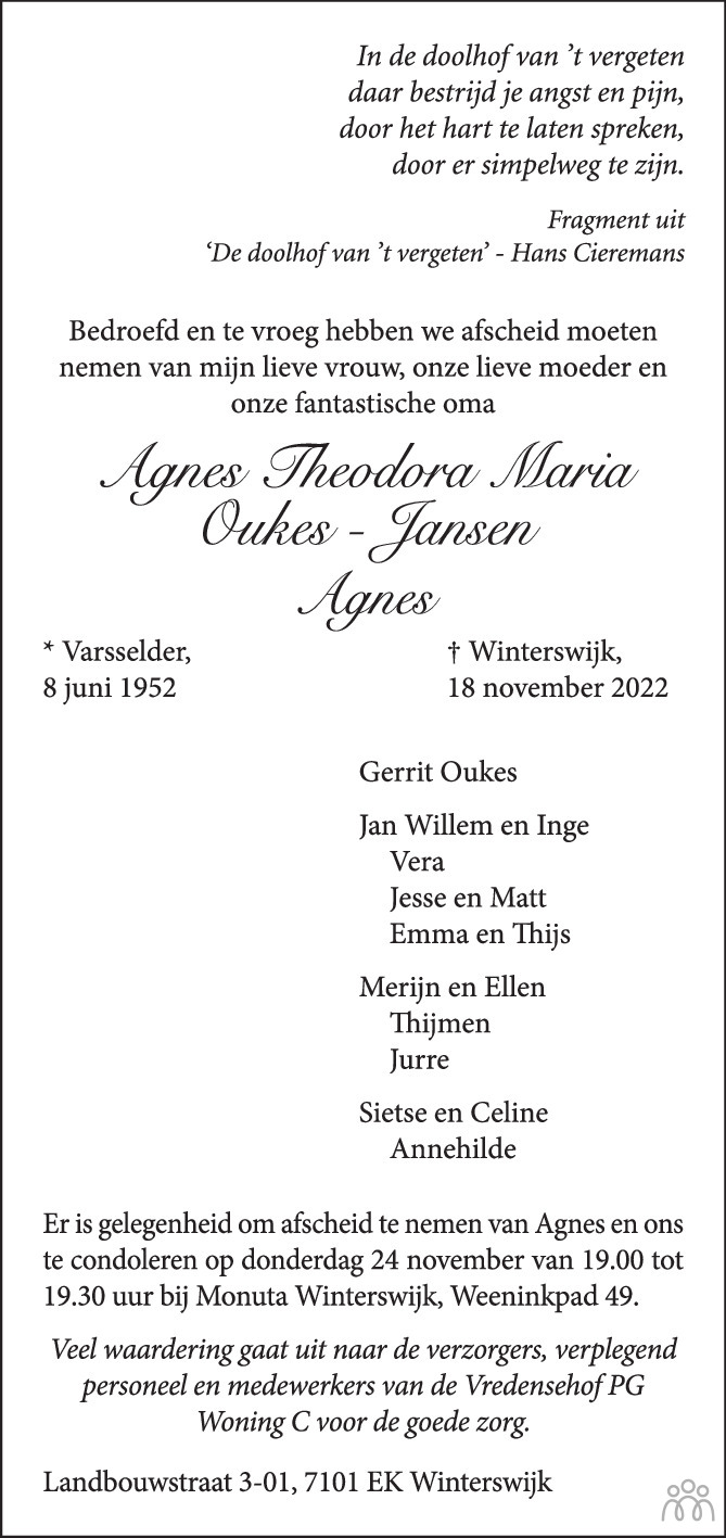 Agnes Theodora Maria Oukes-Jansen 18-11-2022 overlijdensbericht en ...