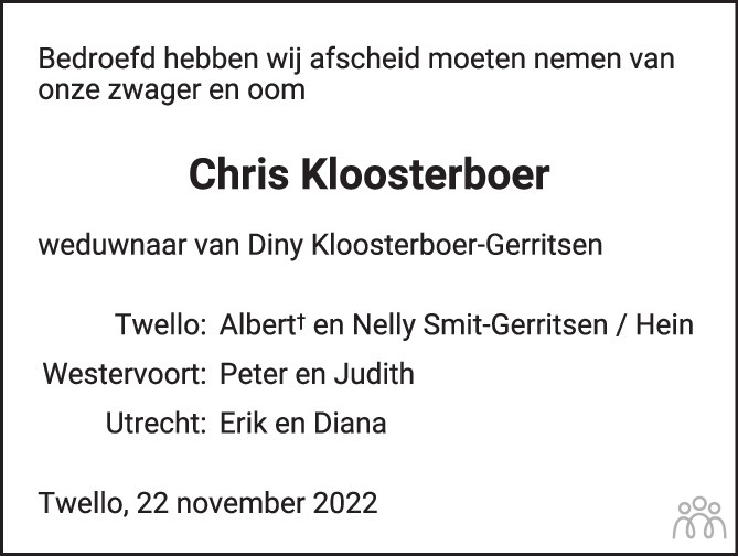 Overlijdensbericht van Chris Kloosterboer in de Stentor
