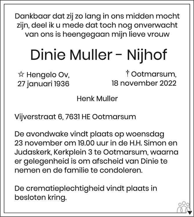Overlijdensbericht van Dinie Muller-Nijhof in Tubantia