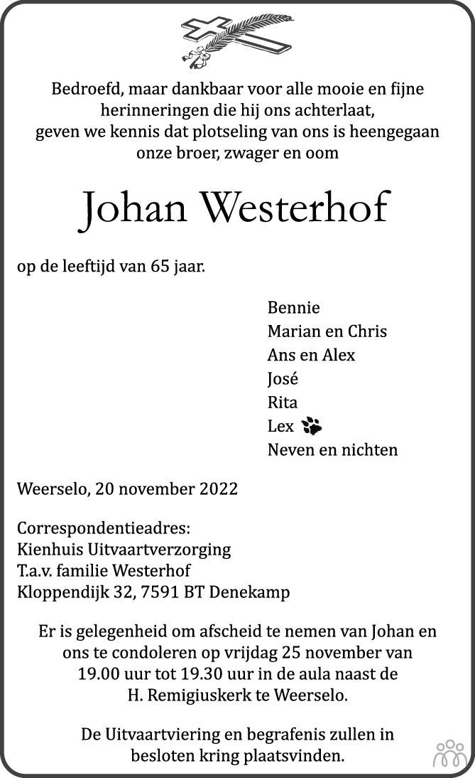 Overlijdensbericht van Johan Westerhof in Tubantia
