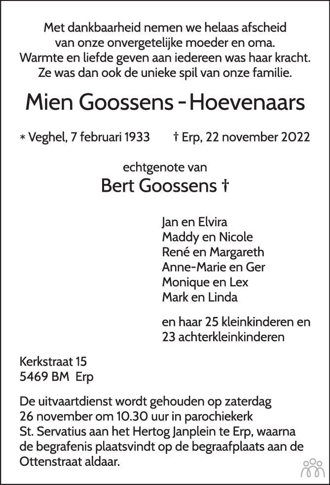 Overlijdensbericht van Mien Goossens-Hoevenaars in Brabants Dagblad