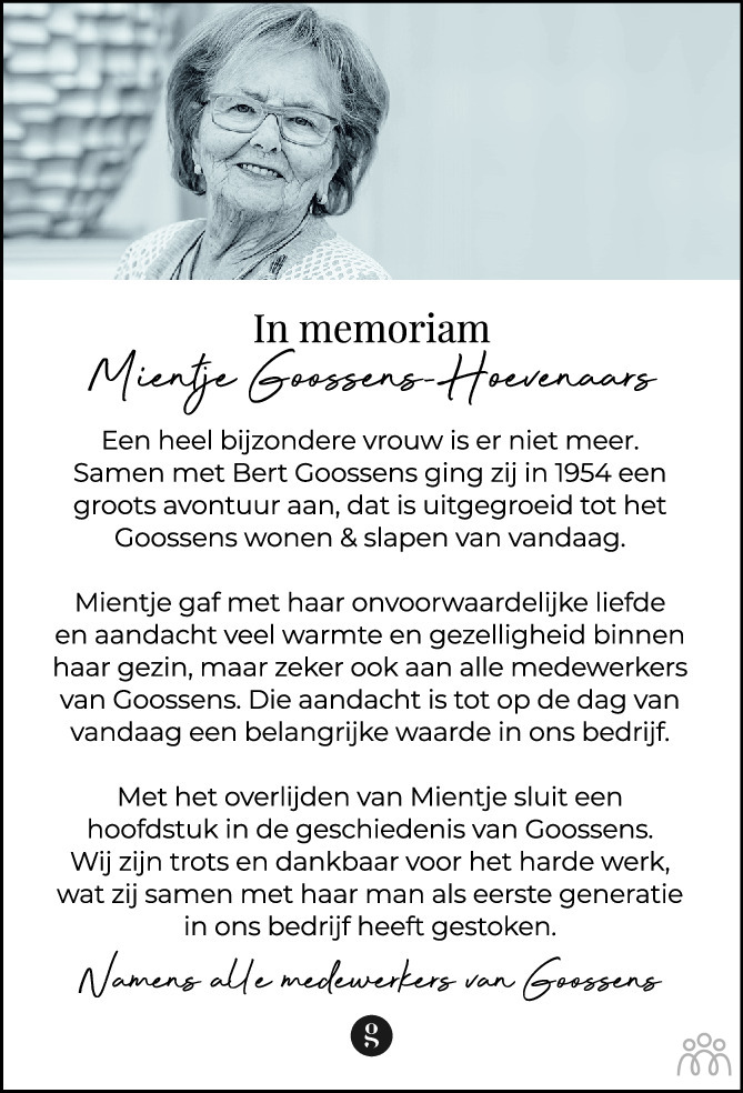 Overlijdensbericht van Mien Goossens-Hoevenaars in Brabants Dagblad