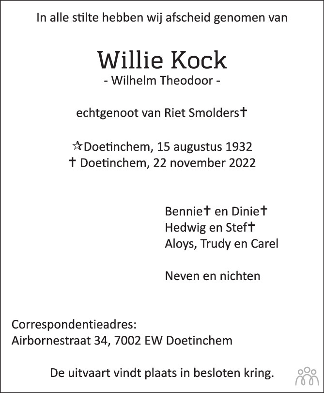 Overlijdensbericht van Willie (Wilhelm Theodoor) Kock in de Gelderlander