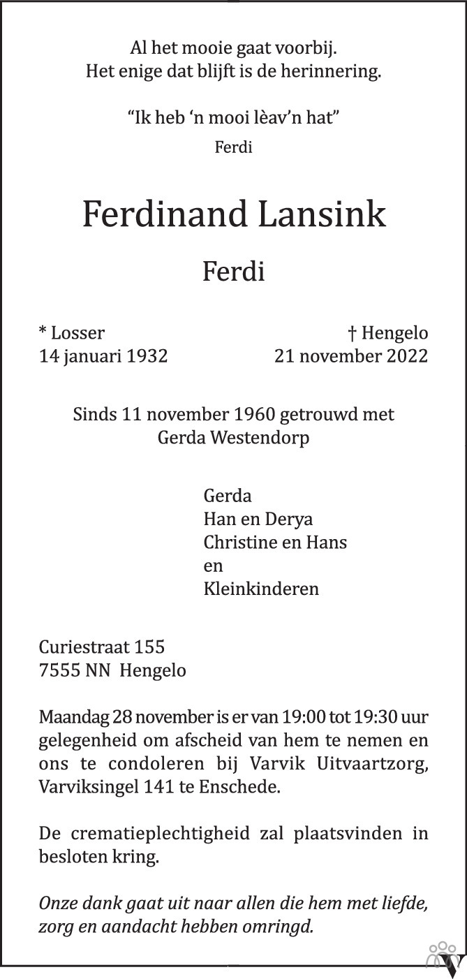 Overlijdensbericht van Ferdinand (Ferdi) Lansink in Tubantia