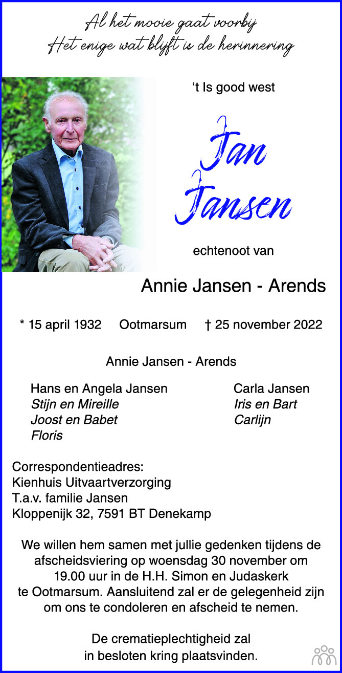Overlijdensbericht van Jan Jansen in Tubantia