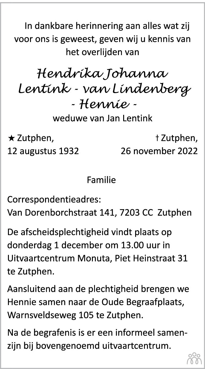 Hendrika Johanna (Hennie) Lentink-van Lindenberg 26-11-2022 ...