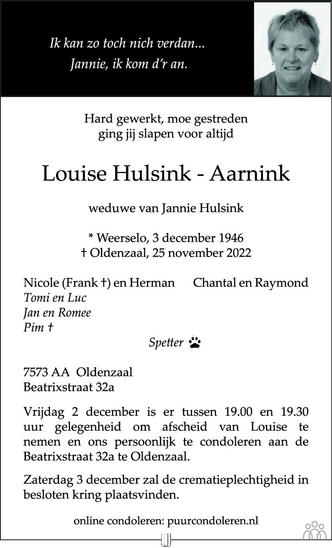 Overlijdensbericht van Louise Hulsink-Aarnink in Tubantia