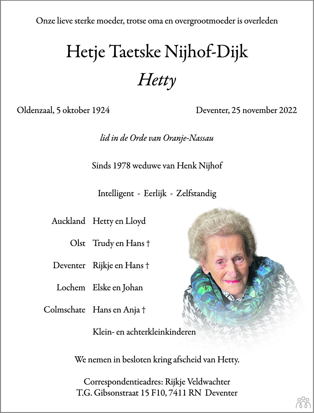 Overlijdensbericht van Hetje Taetske (Hetty)  Nijhof-Dijk in de Stentor