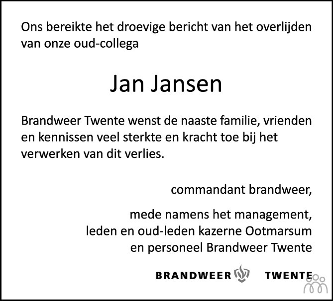Overlijdensbericht van Jan Jansen in Tubantia
