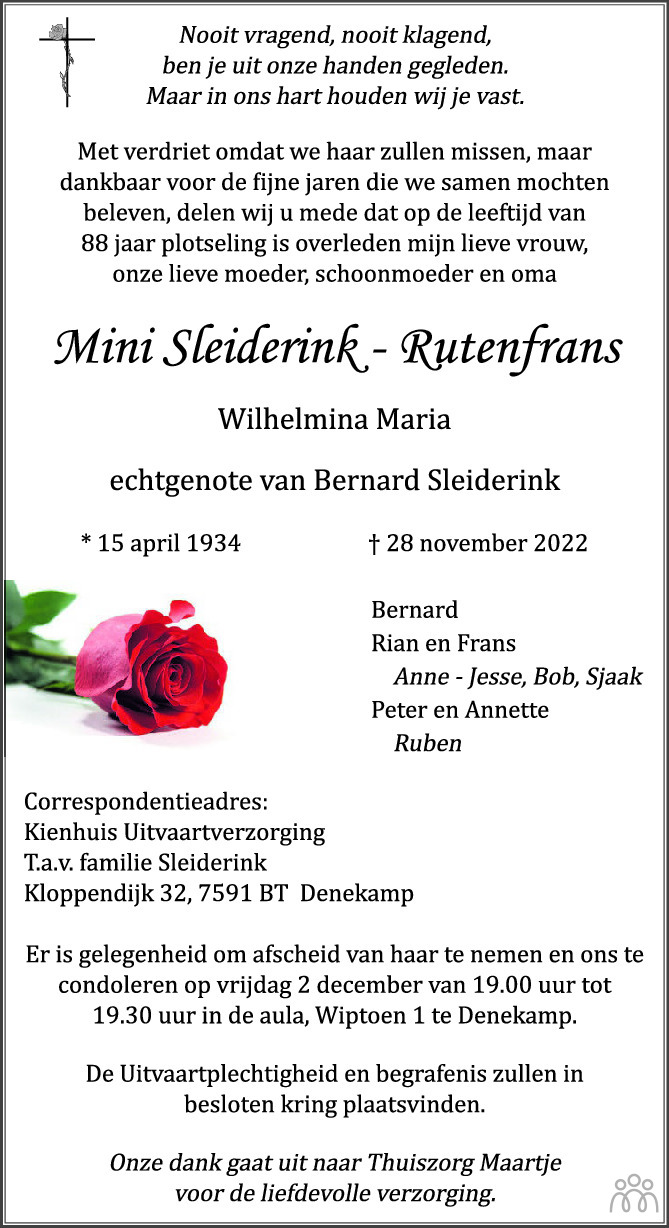 Overlijdensbericht van Mini (Wilhelmina Maria) Sleiderink-Rutenfrans in Tubantia