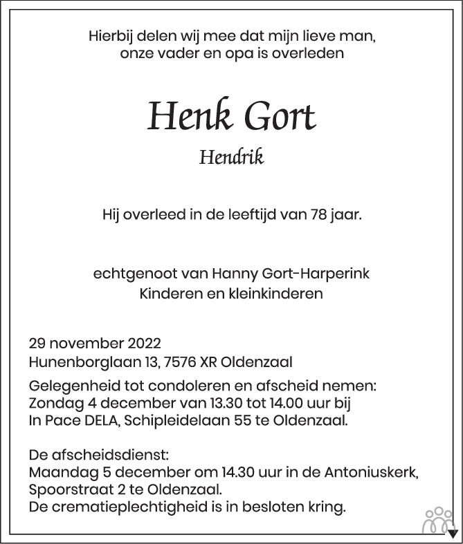 Overlijdensbericht van Henk (Hendrik) Gort in Tubantia