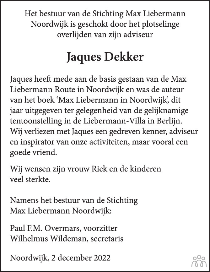 Overlijdensbericht van Jaques Dekker in de Volkskrant