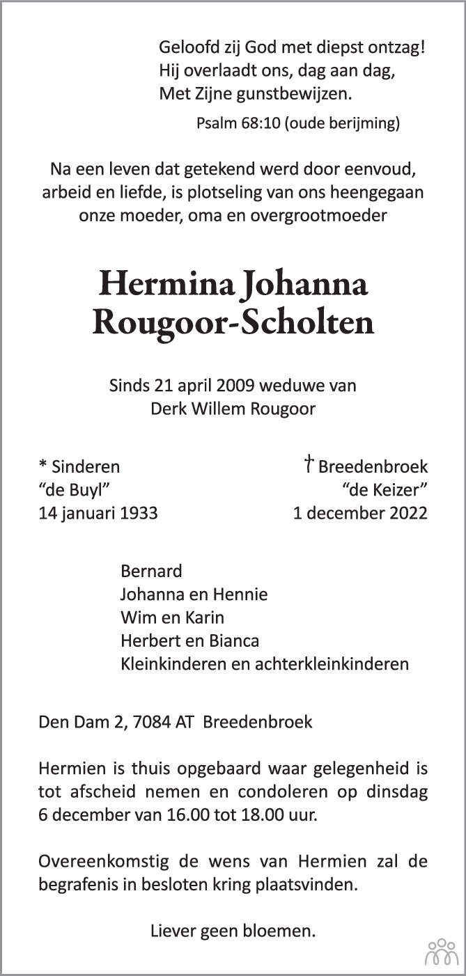 Hermina Johanna Rougoor-Scholten 01-12-2022 overlijdensbericht en ...