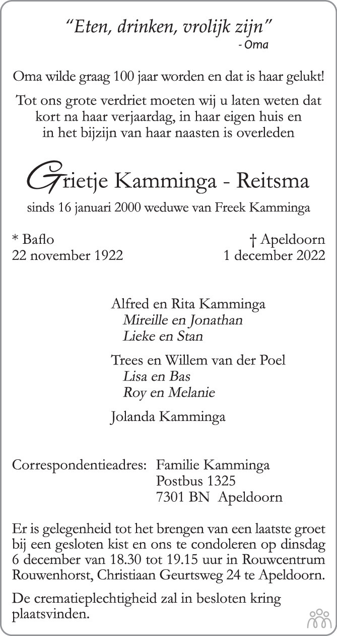 Grietje Kamminga Reitsma 01 12 2022 Overlijdensbericht En Condoleances