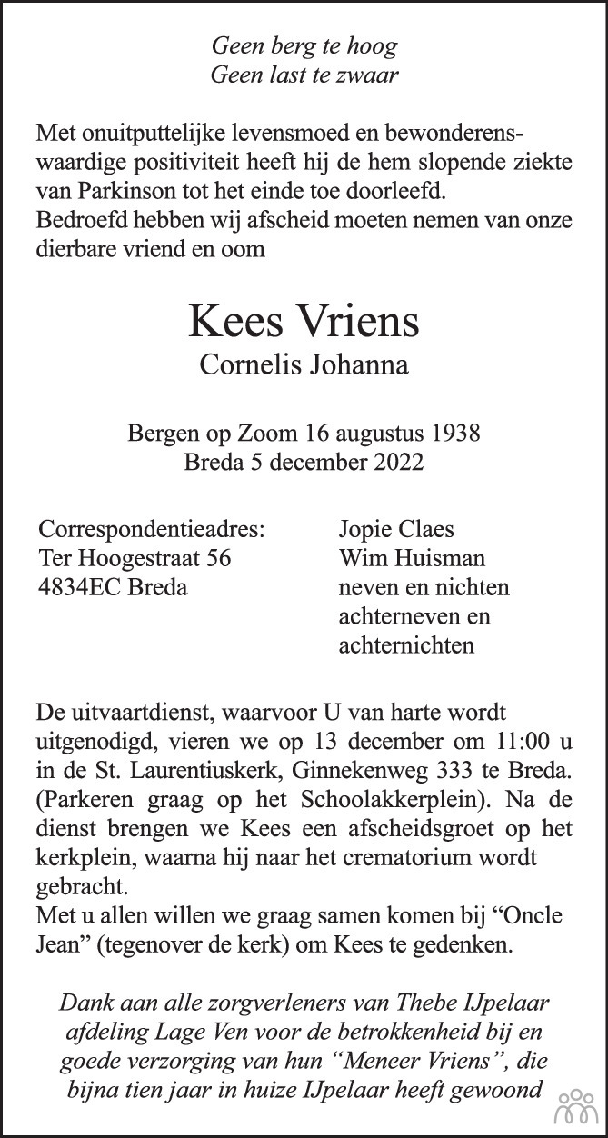 Kees Cornelis Johanna Vriens Overlijdensbericht En Condoleances Mensenlinq Nl