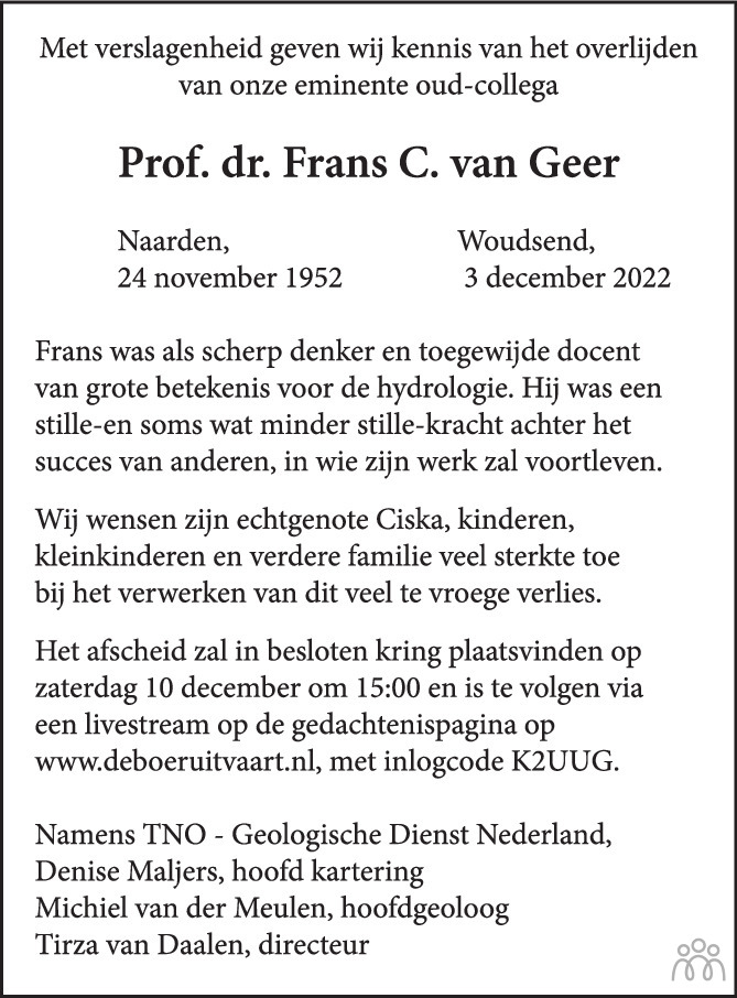 Overlijdensbericht van Frans C. van Geer in de Volkskrant