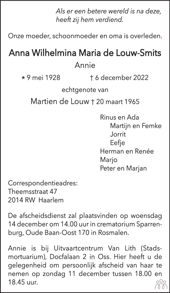 Anna Wilhelmina Maria Annie De Louw Smits Overlijdensbericht En Condoleances