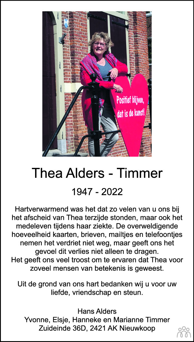 Overlijdensbericht van Theodora Johanna Maria (Thea)  Alders-Timmer in AD Algemeen Dagblad