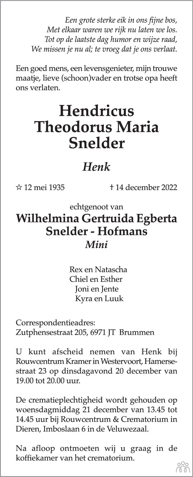 Hendricus Theodorus Maria Henk Snelder 14 12 2022 Overlijdensbericht En Condoleances