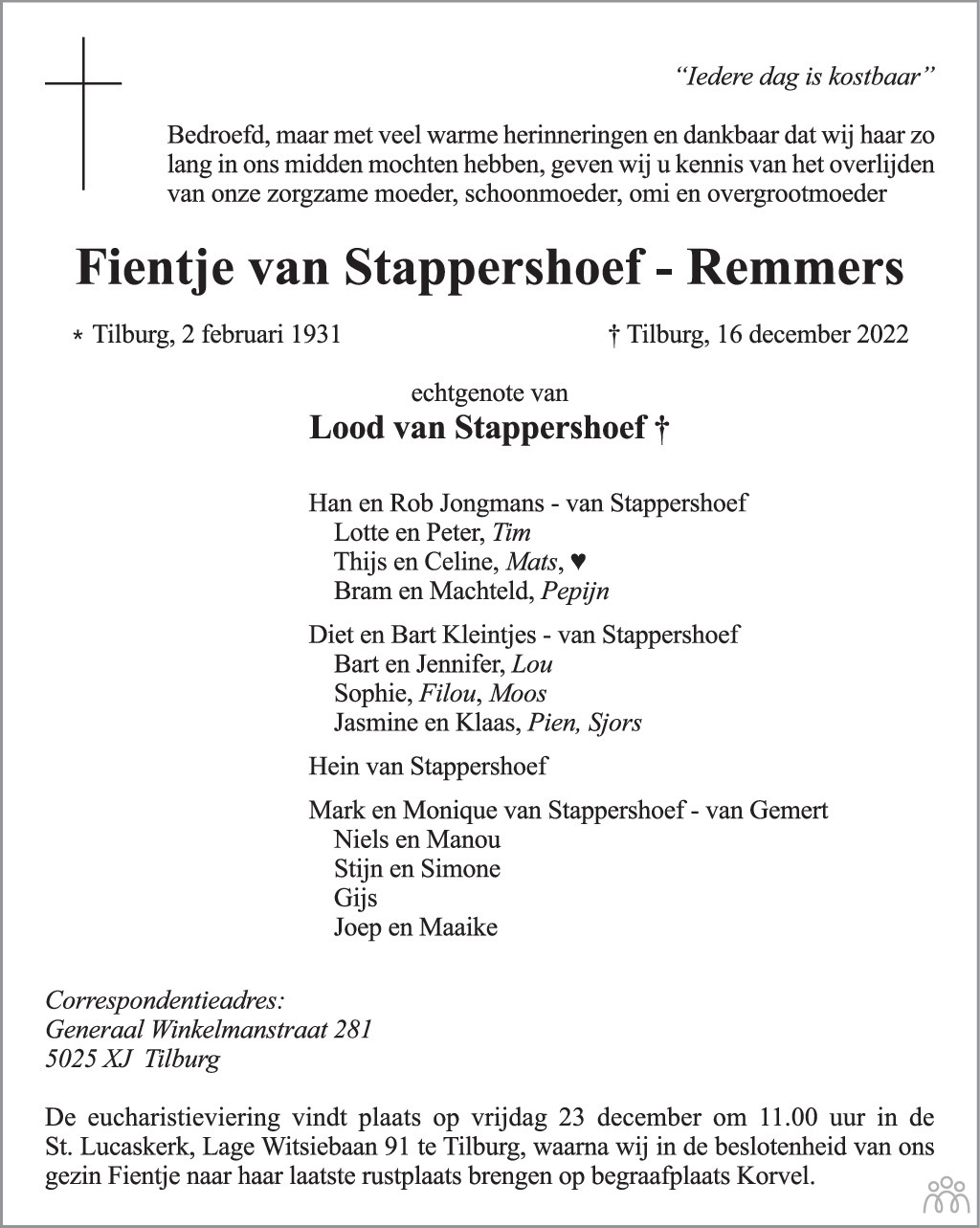 Fientje Van Stappershoef Remmers 16 12 2022 Overlijdensbericht En 