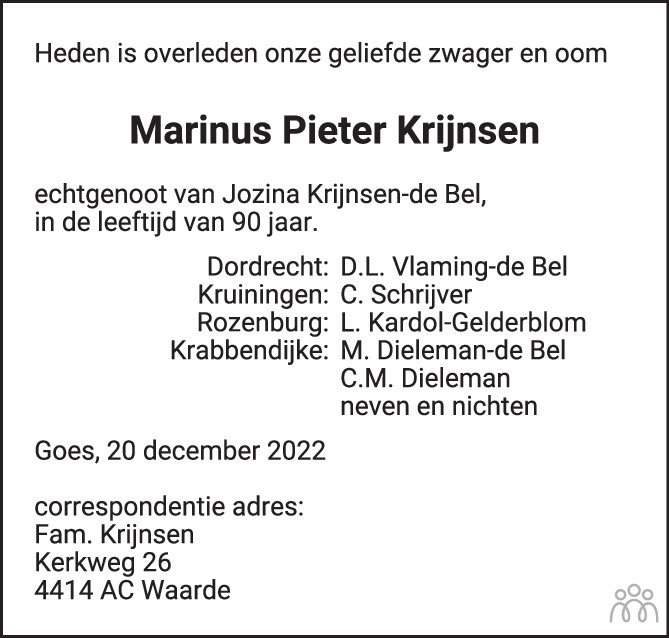 Marinus Pieter Marien Krijnsen Overlijdensbericht En