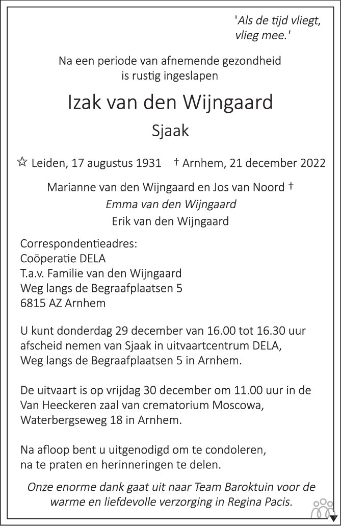 Overlijdensbericht van Izak van den Wijngaard in de Gelderlander