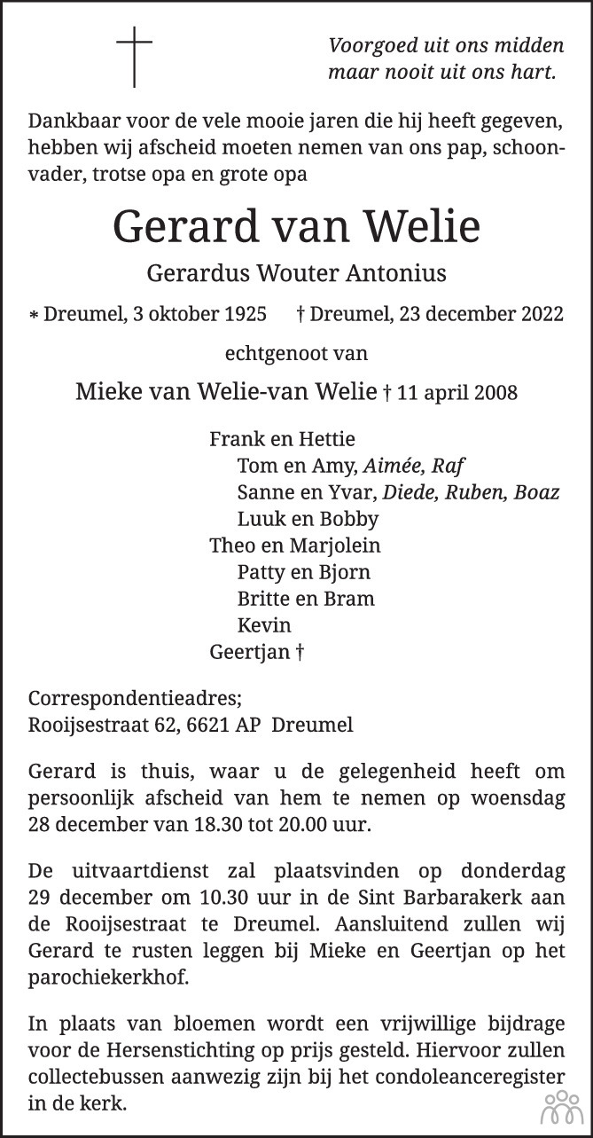 Gerard (Gerardus Wouter Antonius) van Welie 23-12-2022 ...