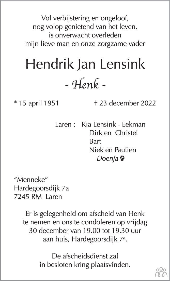 Hendrik Jan (Henk) Lensink 23-12-2022 overlijdensbericht en ...