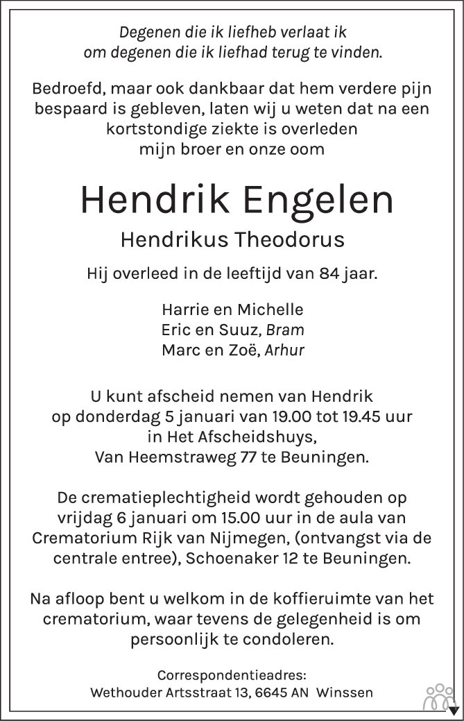 Hendrik Hendrikus Theodorus Engelen 01 01 2023 Overlijdensbericht En