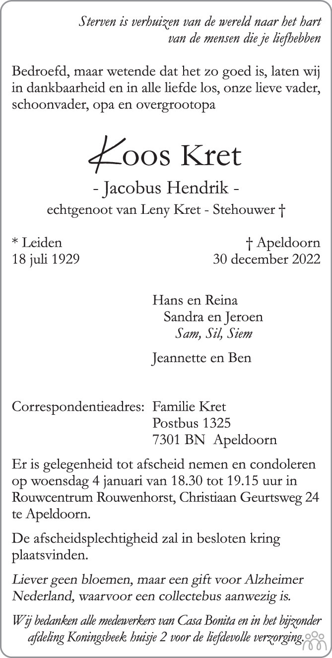 Overlijdensbericht van Koos (Jacobus Hendrik) Kret in de Stentor