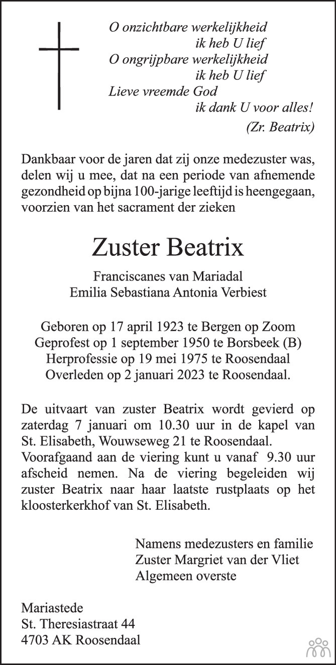 Zuster Beatrix Verbiest 02-01-2023 Overlijdensbericht En Condoleances ...