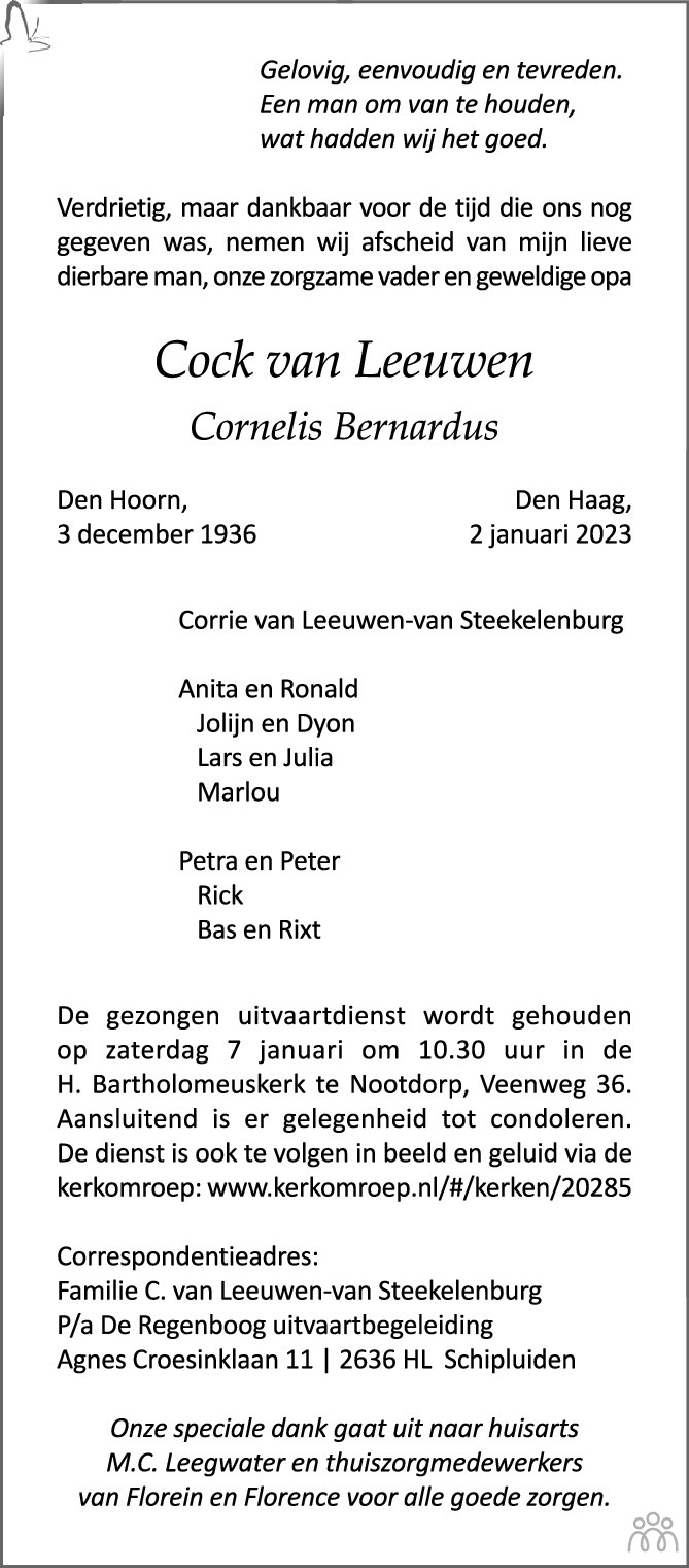 Cock Cornelis Bernardus Van Leeuwen 02 01 2023 Overlijdensbericht En Condoleances Mensenlinqnl 9997