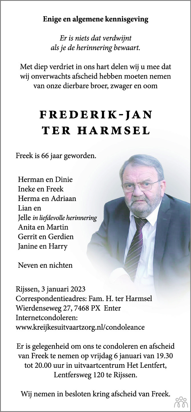 Frederik Jan Ter Harmsel 03 01 2023 Overlijdensbericht En Condoleances